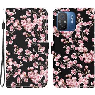 Xiaomi Redmi 12C 4G Flipcover med kortholder, støttefod og hank - Pink Flower læder