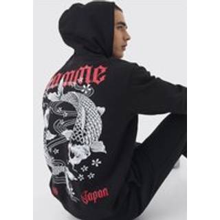 Mens Black Boxy Homme Koi Carp Graphic Hoodie