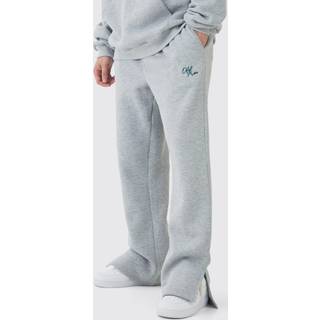 Mens Grey Marl Tall Brushed Back Embroidered Split Hem Relaxed Joggers