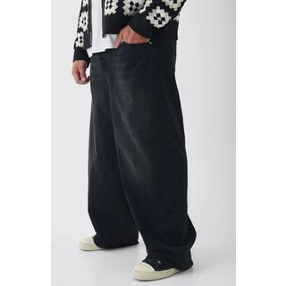 Mens Washed Black Plus Baggy Rigid Double Waistband Denim Jeans