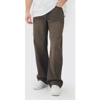 Mens Brown Tall Baggy Rigid Double Waistband Denim Jeans