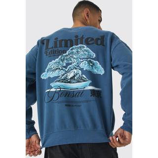 Mens Slate Blue Regular Fit Limited Edition Bonsai Puff Print Washed Sweatshirt