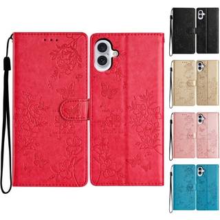 iPhone 16 Pung Etui - Sommerfugle og Blomstermotiv med Flip Cover, Kortholder og Håndrem