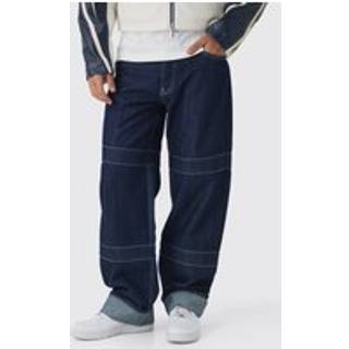 Mens Relaxed Rigid Indigo Contrast Embroidered Strap Turn Up Jeans