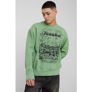 Mens Khaki Regular Fit Washed Alaska Graphic Sweatshirt