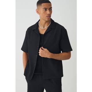 Mens Black Short Sleeve Revere Oversized Pleated Shirt