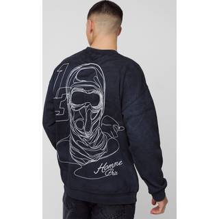 Mens Black Regular Fit Moto Mask Line Drawing Graphic Spray Washed Sweatshirt