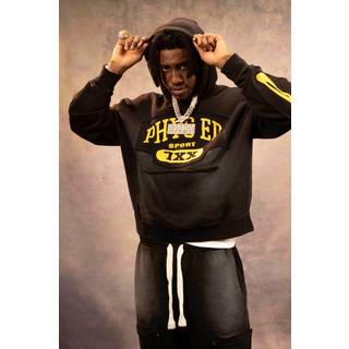 Mens Black Oversized Boxy Distressed Graphic Brushback Hoodie
