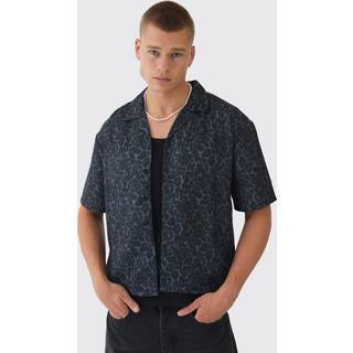 Mens Black Oversized Leopard Print Revere Boxy Shirt