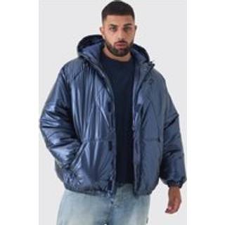 Mens Plus Oversized Metallic Hooded Puffer Jacket In Navy