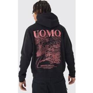 Mens Black Regular Fit Graphic Uomo Embroidered Hoodie