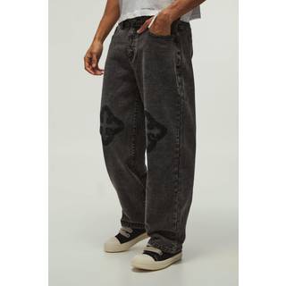 Mens Mid Grey Relaxed Fit Cross Embroidered Jeans