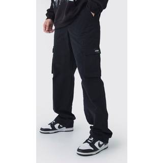 Mens Black Tall Fixed Waist Branded Relaxed Fit Cargo Trousers