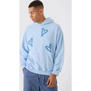Mens Light Blue Oversized Washed Graffiti Heart Graphic Hoodie