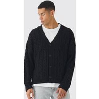 Mens Black Oversized Boxy Cable Knit Cardigan