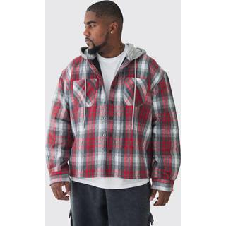 Mens Red Plus Back Print Jersey Hood Padded Checked Overshirt