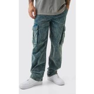 Mens Navy Relaxed Acid Wash Cord Cargo Trousers