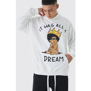 Mens White Oversized Biggie Cartoon License Print Hoodie