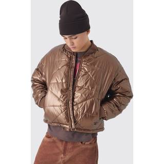 Mens Boxy Metallic Abstract Quilted Bomber Jacket In Tan