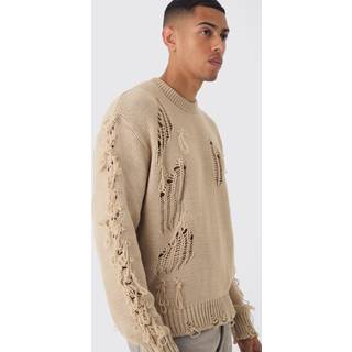 Mens Stone Oversized Distressed Sleeve Knitted Jumper