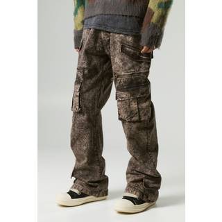 Mens Khaki Relaxed Flared Heavy Washed Cargo Trousers