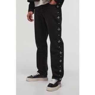 Mens Washed Black Straight Leg Cross Pearl Jeans