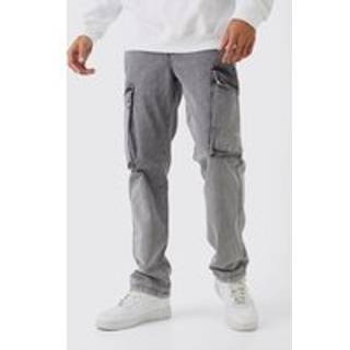 Mens Grey Straight Heavyweight Twill Acid Washed Cargo Trousers