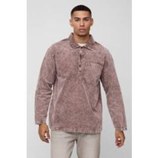 Mens Chocolate Oversized Acid Wash Cord Rugby Shirt