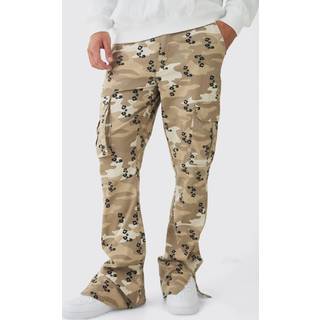 Mens Brown Fixed Waist Slim Flare Stacked Camo Leopard Cargo Trousers