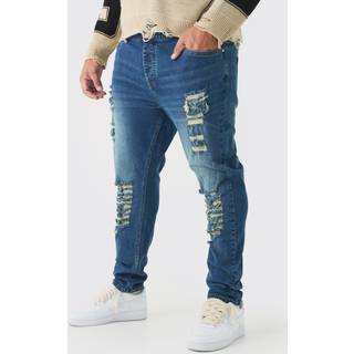 Mens Vintage Blue Plus Skinny Jeans With All Over Rips