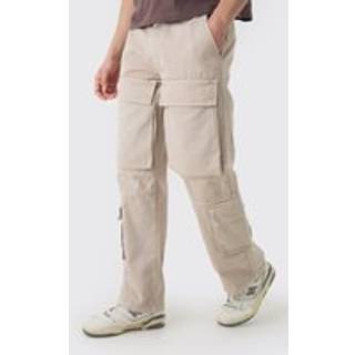 Mens Taupe Relaxed Heavyweight Twill Acid Washed Cargo Trousers