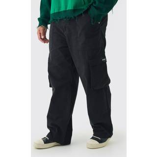 Mens Black Plus Fixed Waist Branded Relaxed Fit Cargo Trousers