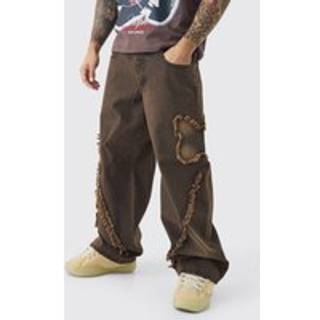 Mens Brown Baggy Rigid Butterfly Applique Washed Denim Jeans