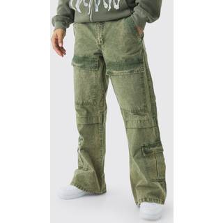 Mens Khaki Relaxed Flared Oil Wash Ripstop Cargo Trousers