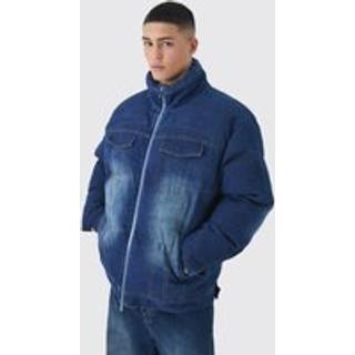 Mens Indigo Boxy Oversized Funnel Neck Denim Puffer Jacket