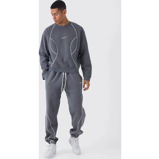 Mens Charcoal Oversized Boxy Man Piping Detail Sweatshirt Tracksuit