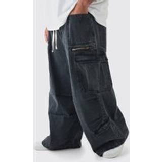 Mens Black Plus Elasticated Waist Acid Wash Parachute Cargo Jeans