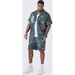 Mens Black Plus Linen Look Tie Dye Paisley Embroidered Shirt & Short Set