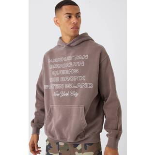 Mens Mahogany Oversized Washed New York Graphic Hoodie
