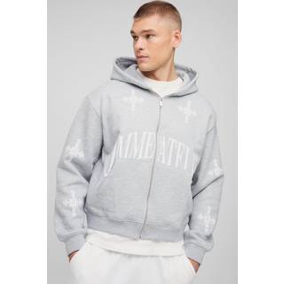 Mens Grey Marl Oversized Boxy Zip Through Homme Print Cross Hoodie