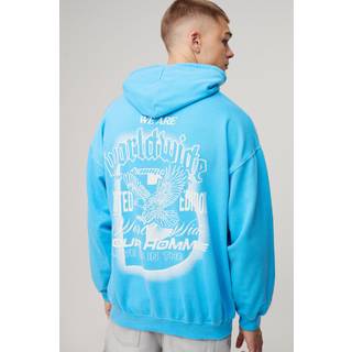 Mens Blue Oversized Worldwide Eagle Graphic Washed Hoodie