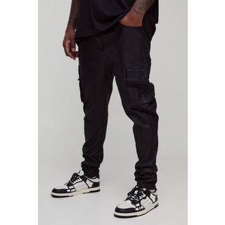 Mens Black Plus PU Coated Super Skinny Cargo Jeans