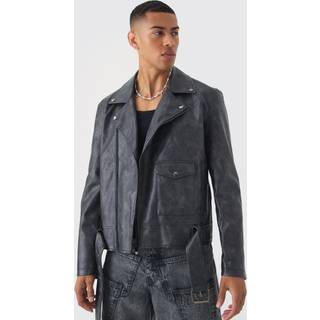 Mens Washed PU Biker Jacket In Slate