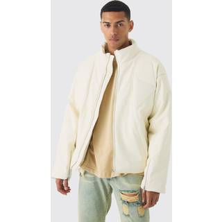 Mens Boxy Padded Moto Panelled Jacket In Ecru