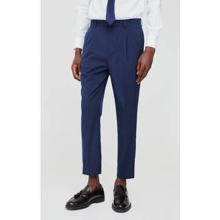 Mens Navy Fixed Waist Pleat Front Tapered Tailored Trousers