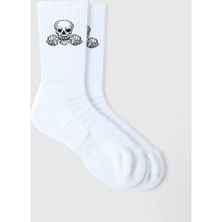 Mens White Man Active Gym Skull Crew Socks