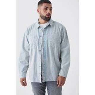 Mens Plus Oversized Acid Wash Cord Overshirt in Slate