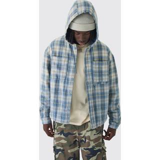 Mens Light Blue Oversized Padded Hooded Check Overshirt