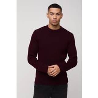 Mens Burgundy Regular Crew Neck Plated Ribbed Knit Jumper