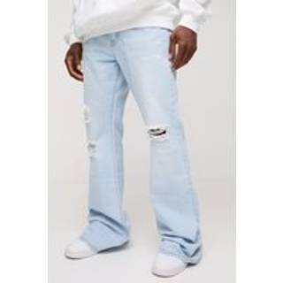 Mens Light Blue Relaxed Rigid Flare Stacked Knee Rip Denim Jeans